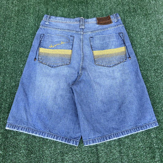 Vintage Y2K Men's Akademiks Blue Yellow Embroidered Baggy Jean Shorts Long 34x11