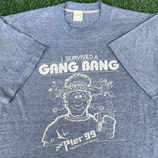 Vintage 80s Funny Sexual Joke Quote I Survived a Gang Bang Blue T-Shirt Medium