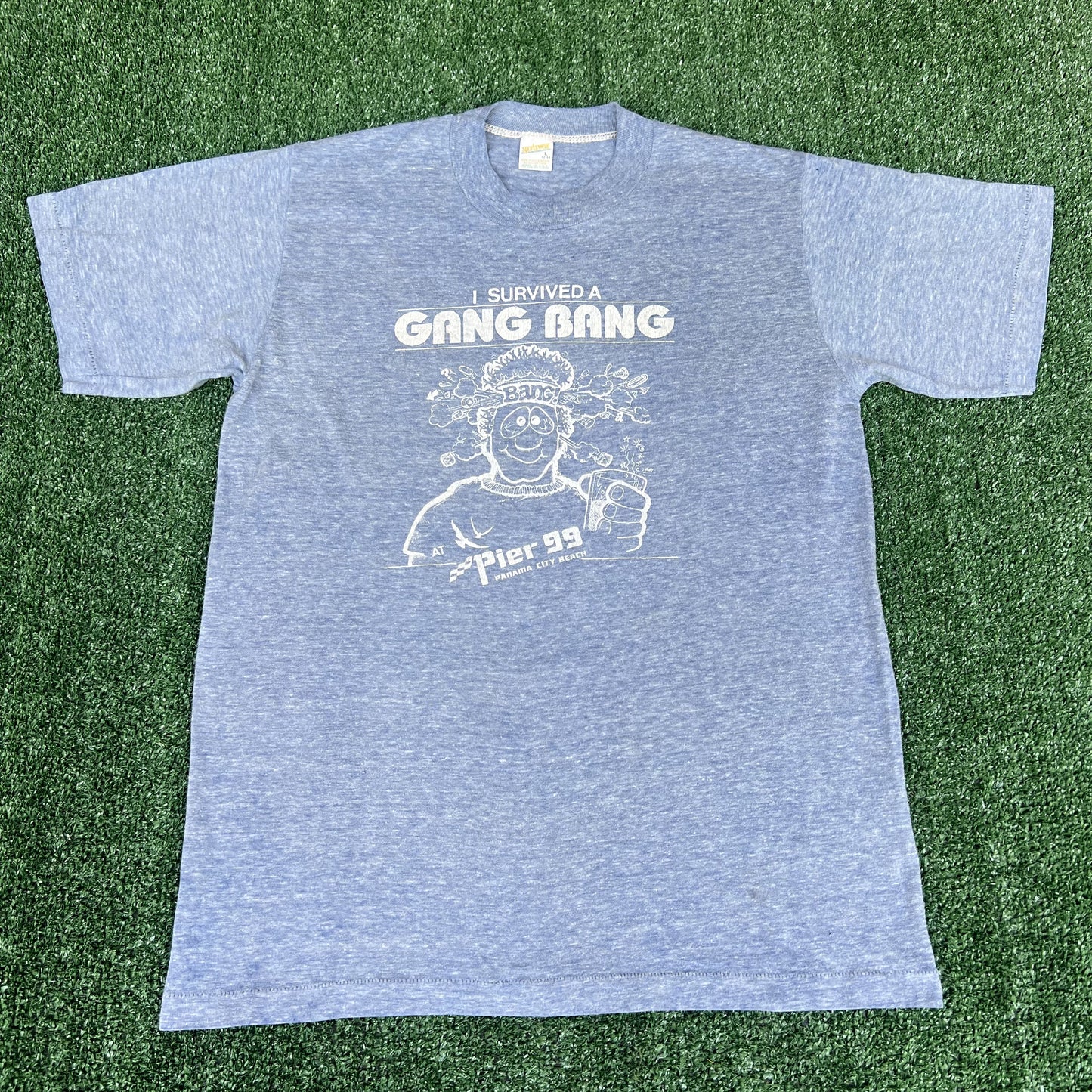 Vintage 80s Funny Sexual Joke Quote I Survived a Gang Bang Blue T-Shirt Medium
