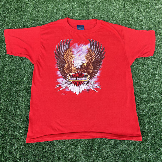 VTG 80s Mens Harley Davidson 3D Emblem Eagle Lightning Red T-Shirt Large 19x24"