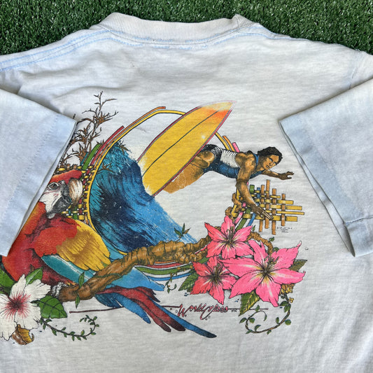 VTG 80s Women's World Class Inc Surf Parrot Blue White T-Shirt Small Crop 15x23"