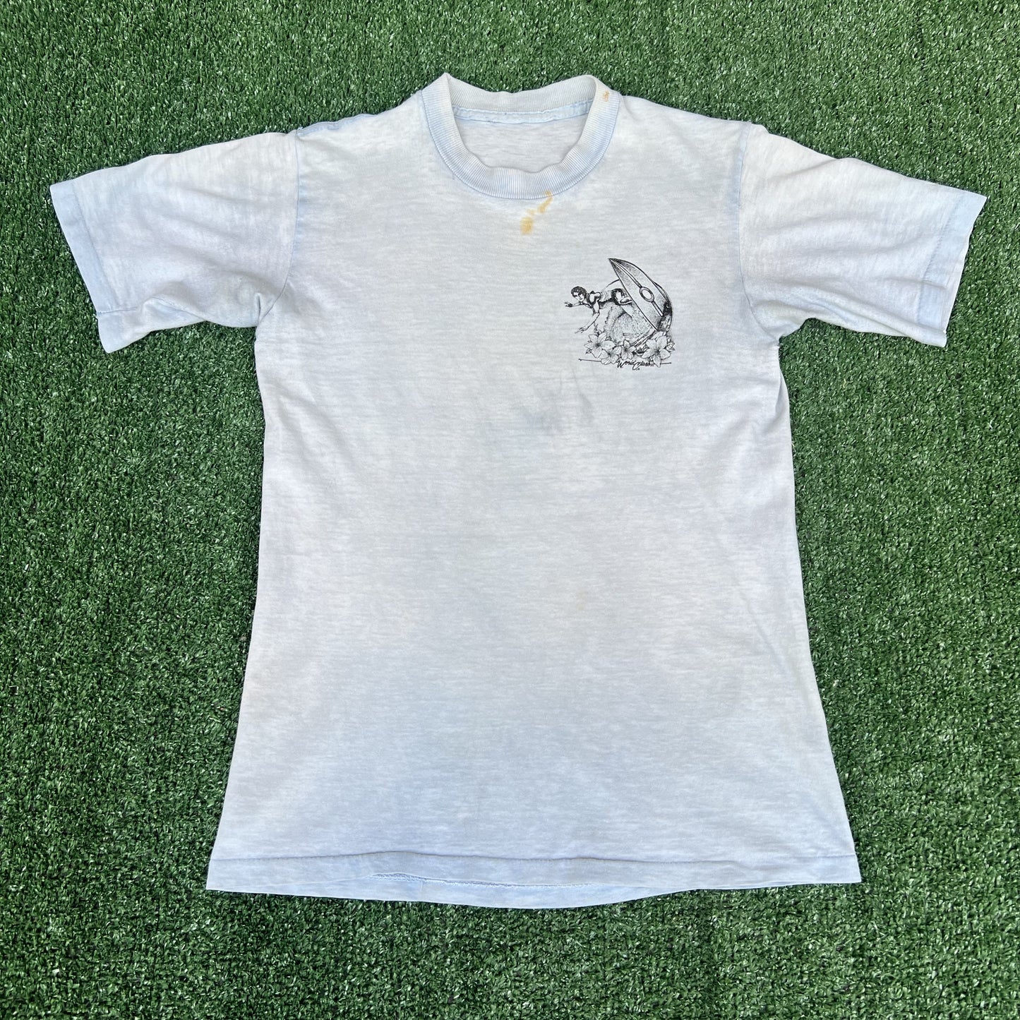 VTG 80s Women's World Class Inc Surf Parrot Blue White T-Shirt Small Crop 15x23"
