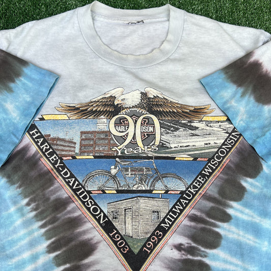 VTG 90s Men's Harley Davidson Blue White Tie-Dye Single Stitch T-Shirt Medium