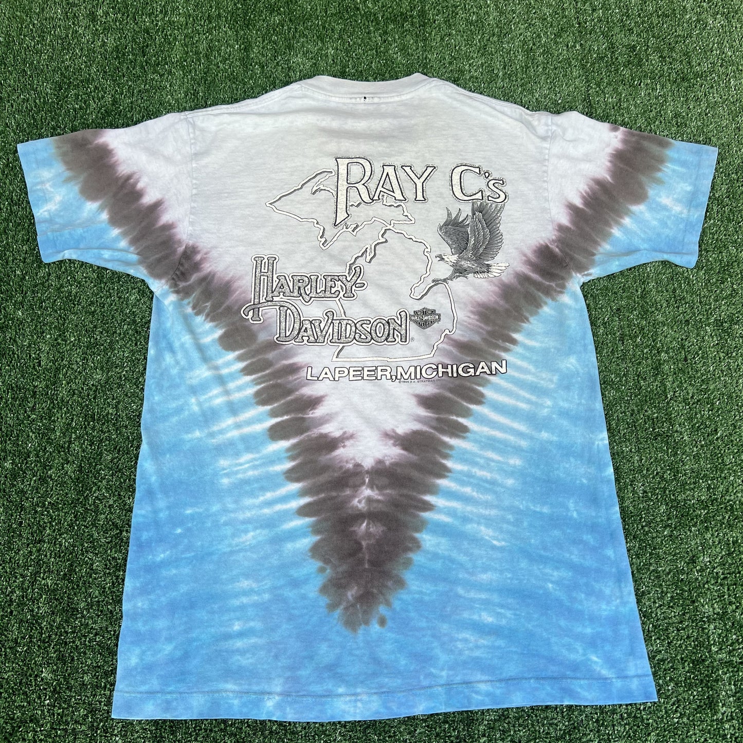VTG 90s Men's Harley Davidson Blue White Tie-Dye Single Stitch T-Shirt Medium
