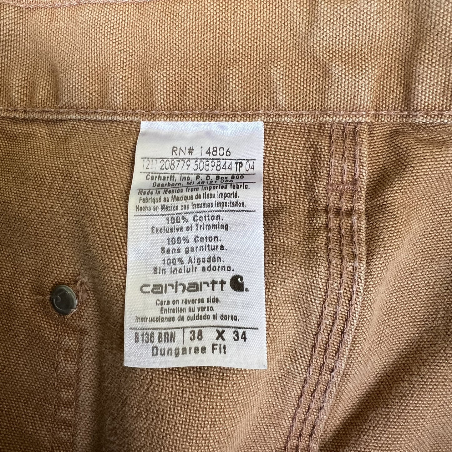 Men's Carhartt B136 BRN Dungaree Fit Double Knee Carpenter Canvas Pants 38x34