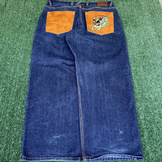 Vintage Y2K Mens Coogi Koala Wide-Leg Baggy Hip Hop Embroidered Blue Jeans 38x34