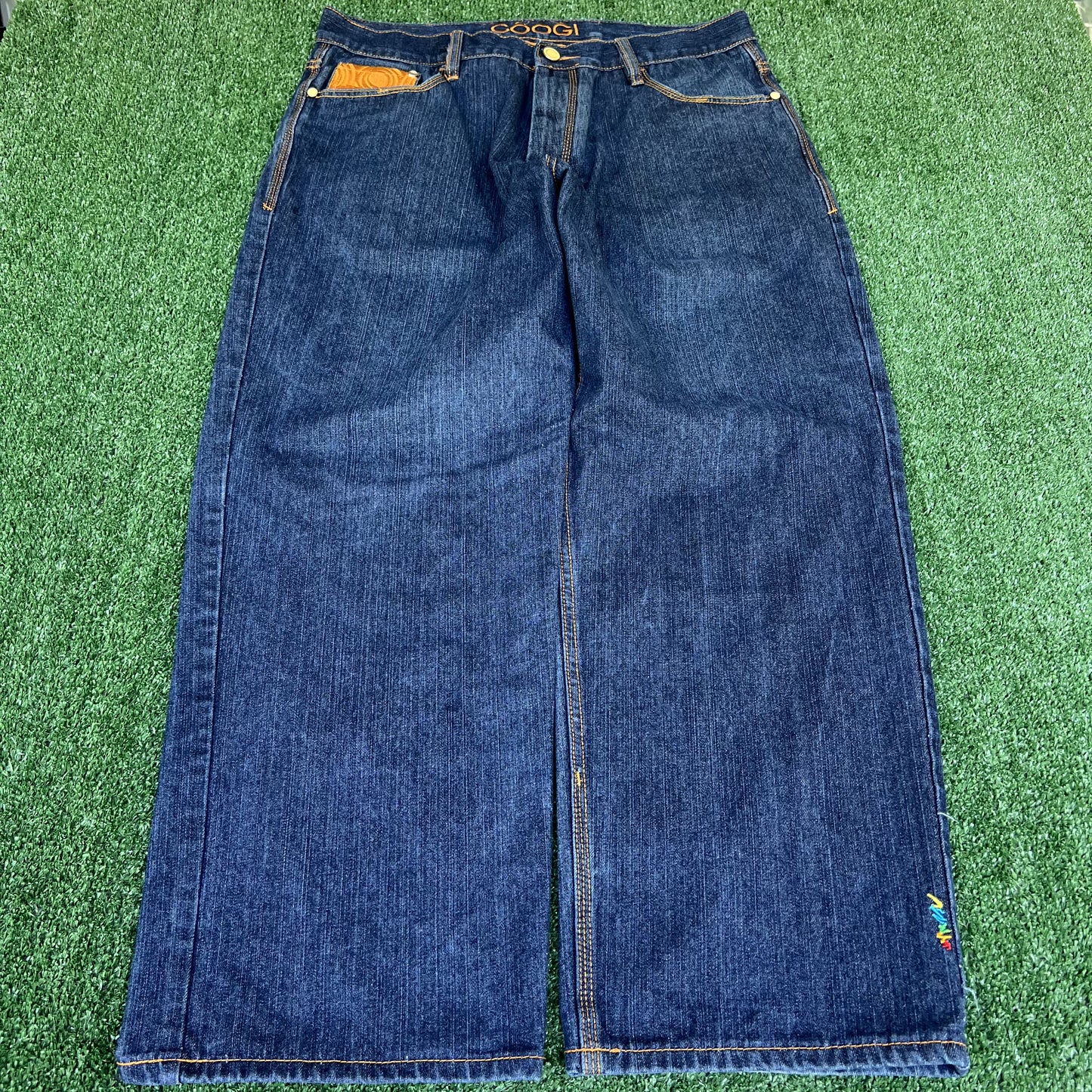 Vintage Y2K Mens Coogi Koala Wide-Leg Baggy Hip Hop Embroidered Blue Jeans 38x34