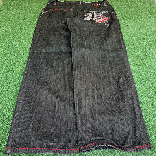 Vintage Y2K Men's Enyce Spellout Embroidered Black Wide-Leg Baggy Jeans 36x32