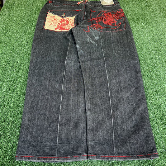Vintage Y2K Men's GAO Embroidered Dragon Wide-Leg Baggy Black Red Jeans 40x32