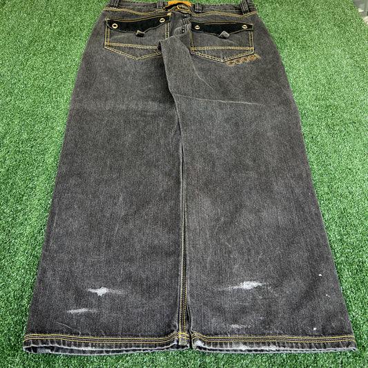 VTG Y2K Coogi Embroidered Faded Black Yellow Racing Wide-Leg Baggy Jeans 38x34"